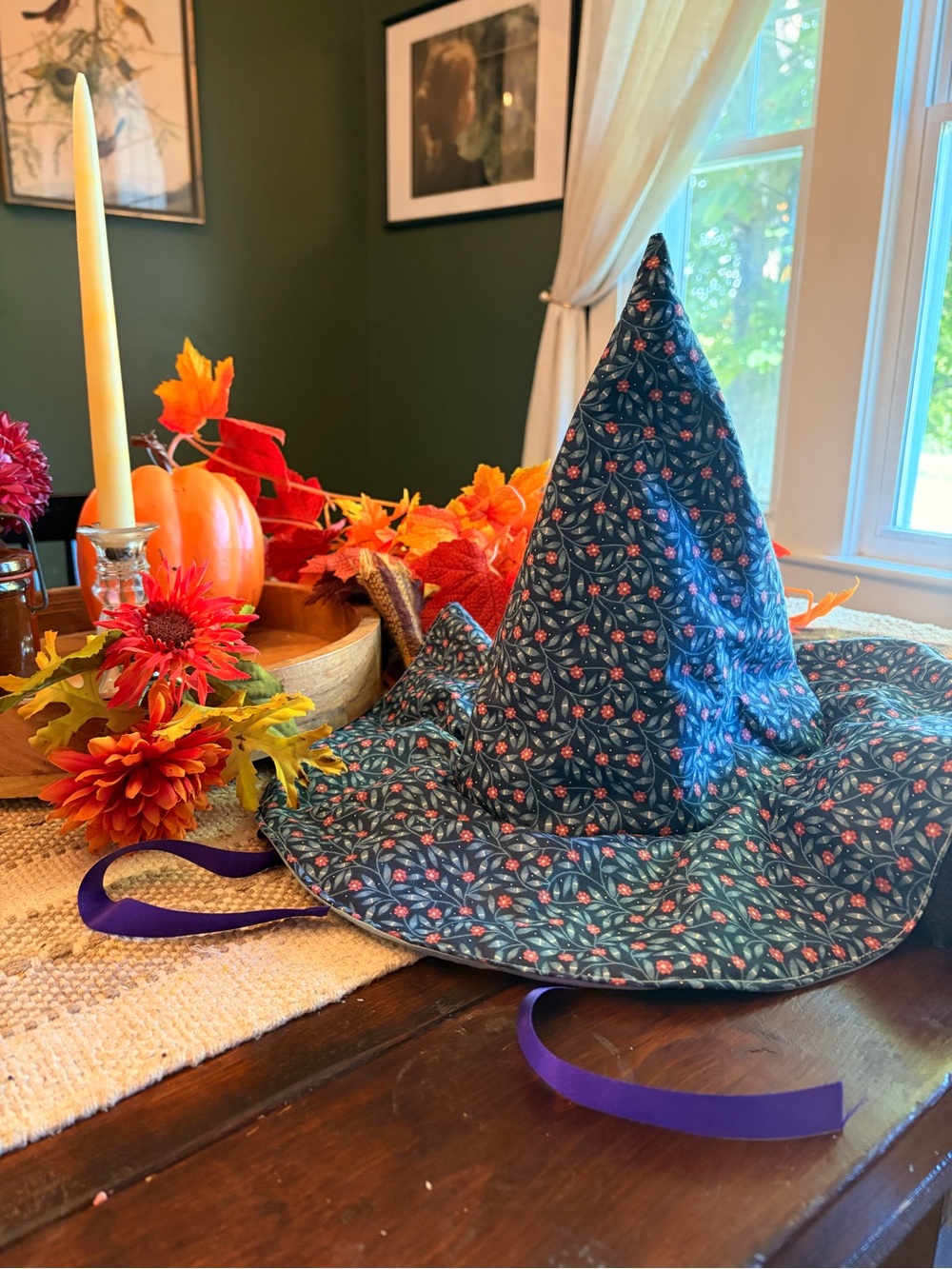 Decorative Blue Floral Witch Hat for Home Party
